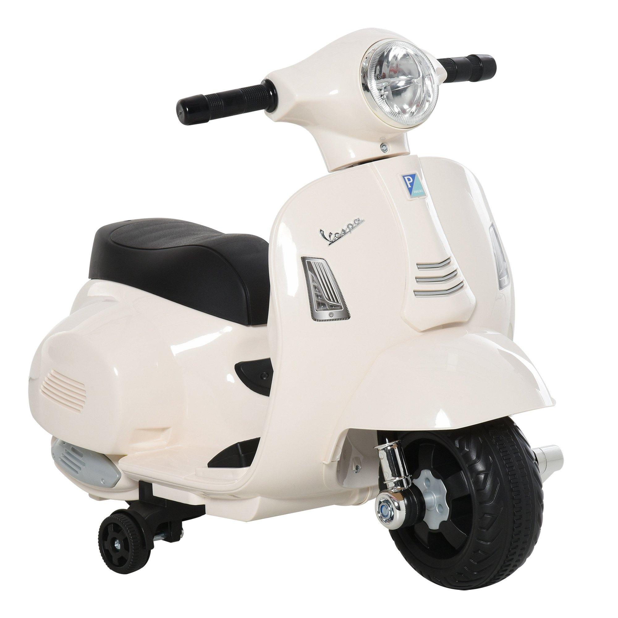 Vit eldriven Vespa för barn med svart sits, rund strålkastare och två stödhjul, snett framifrån mot vit bakgrund