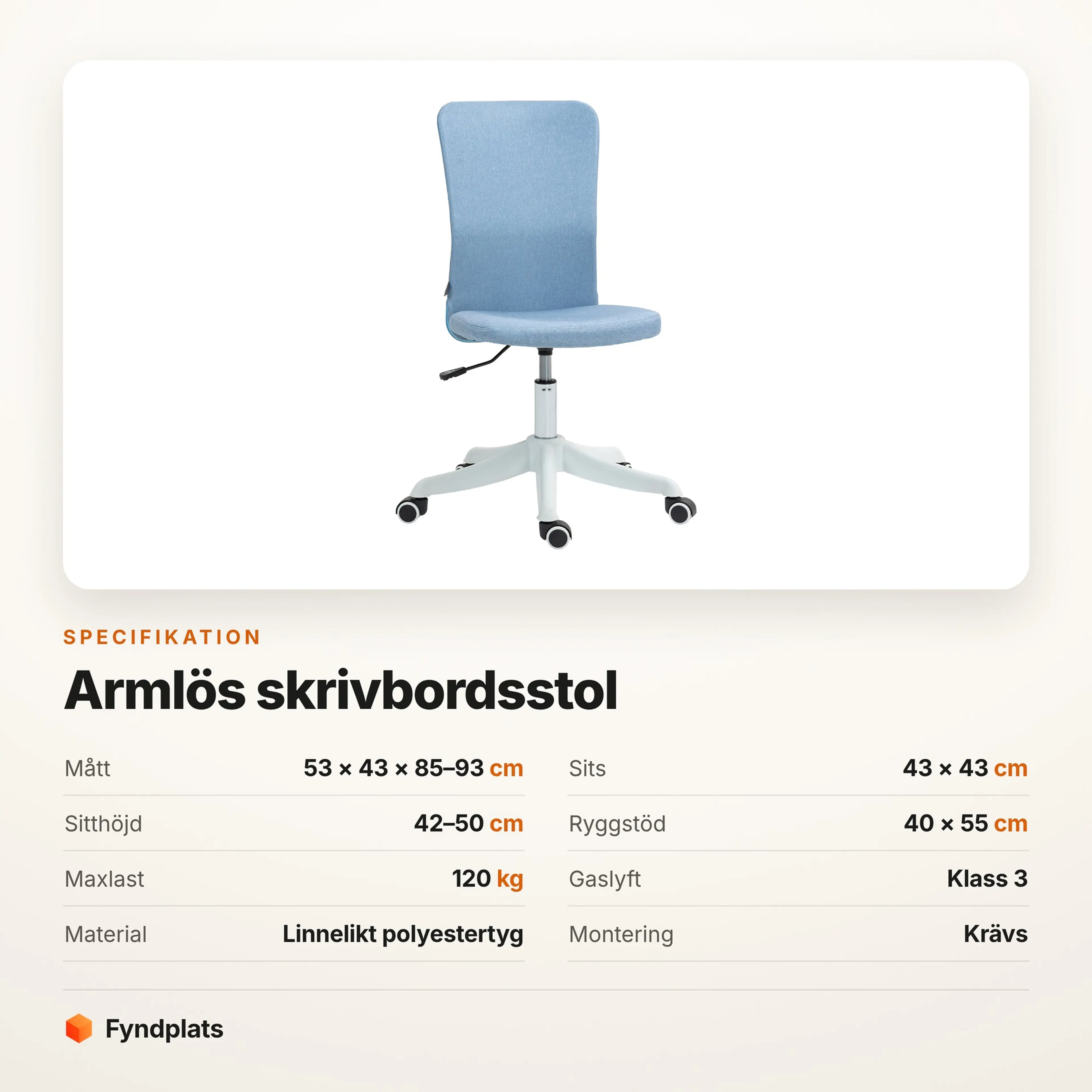 Specifikationskort med mått, sitthöjd och maxlast