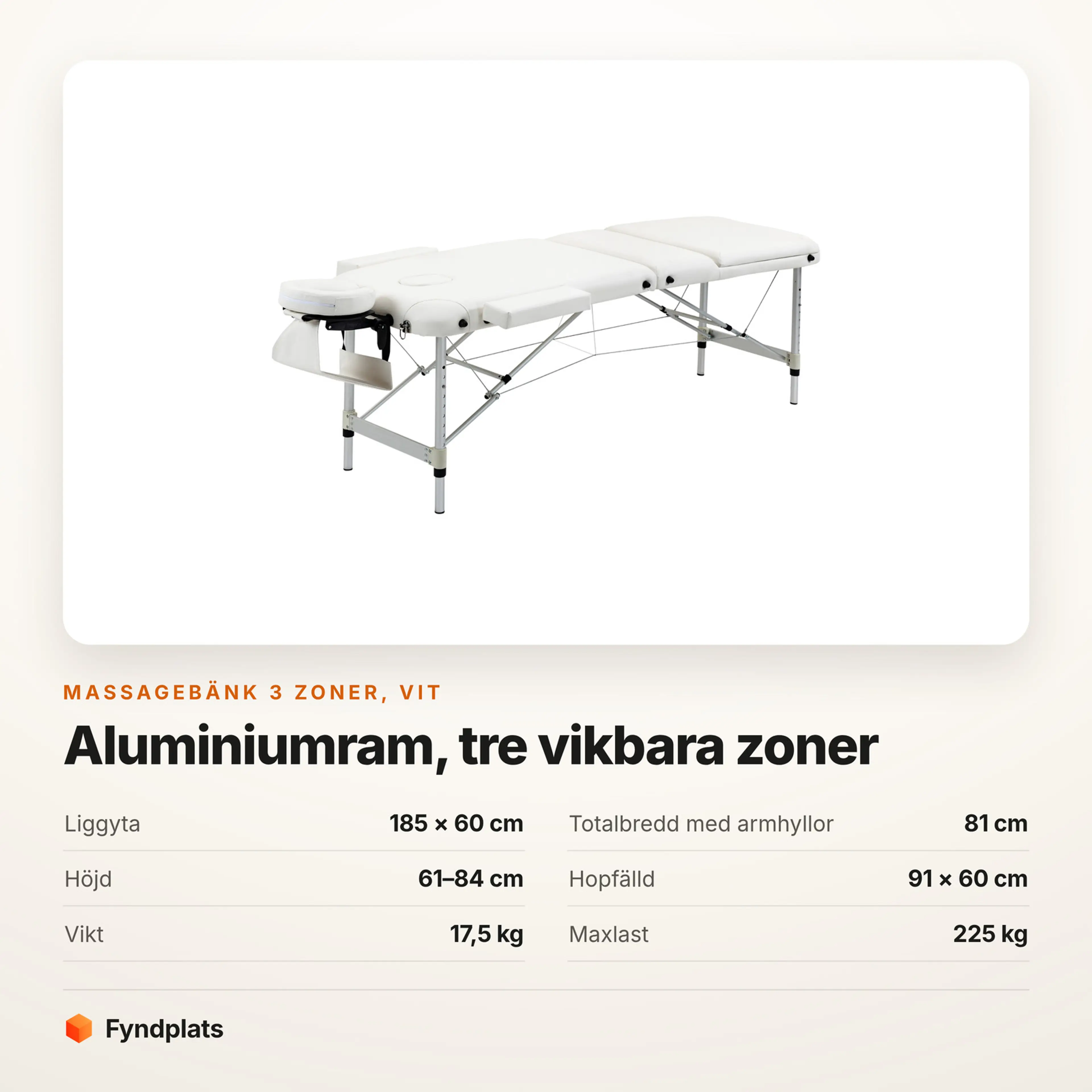 Faktakort: massagebänk 3 zoner vit, liggyta, höjd och maxlast