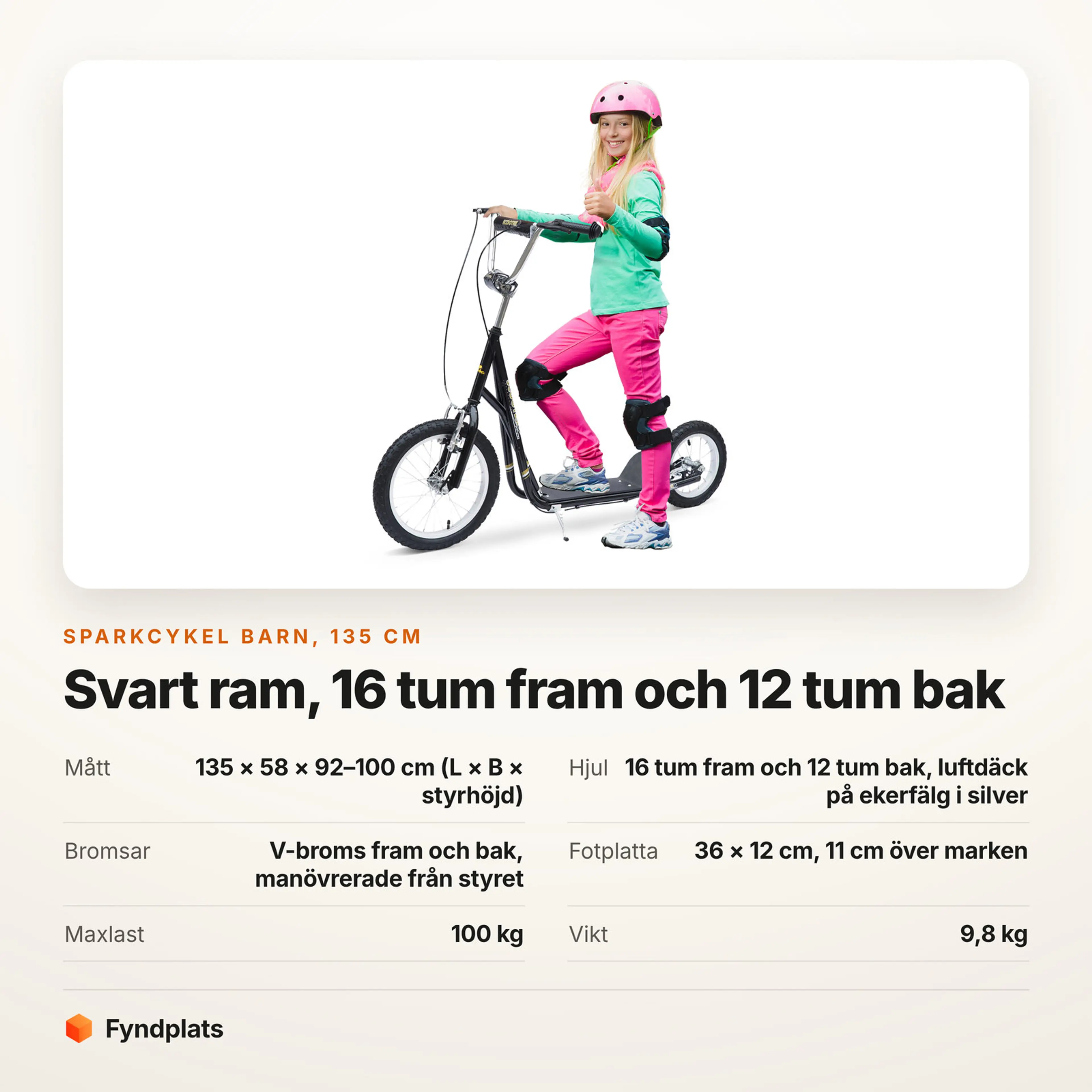 Faktakort: sparkcykel barn 135 cm, svart ram med 16 tum fram och 12 tum bak