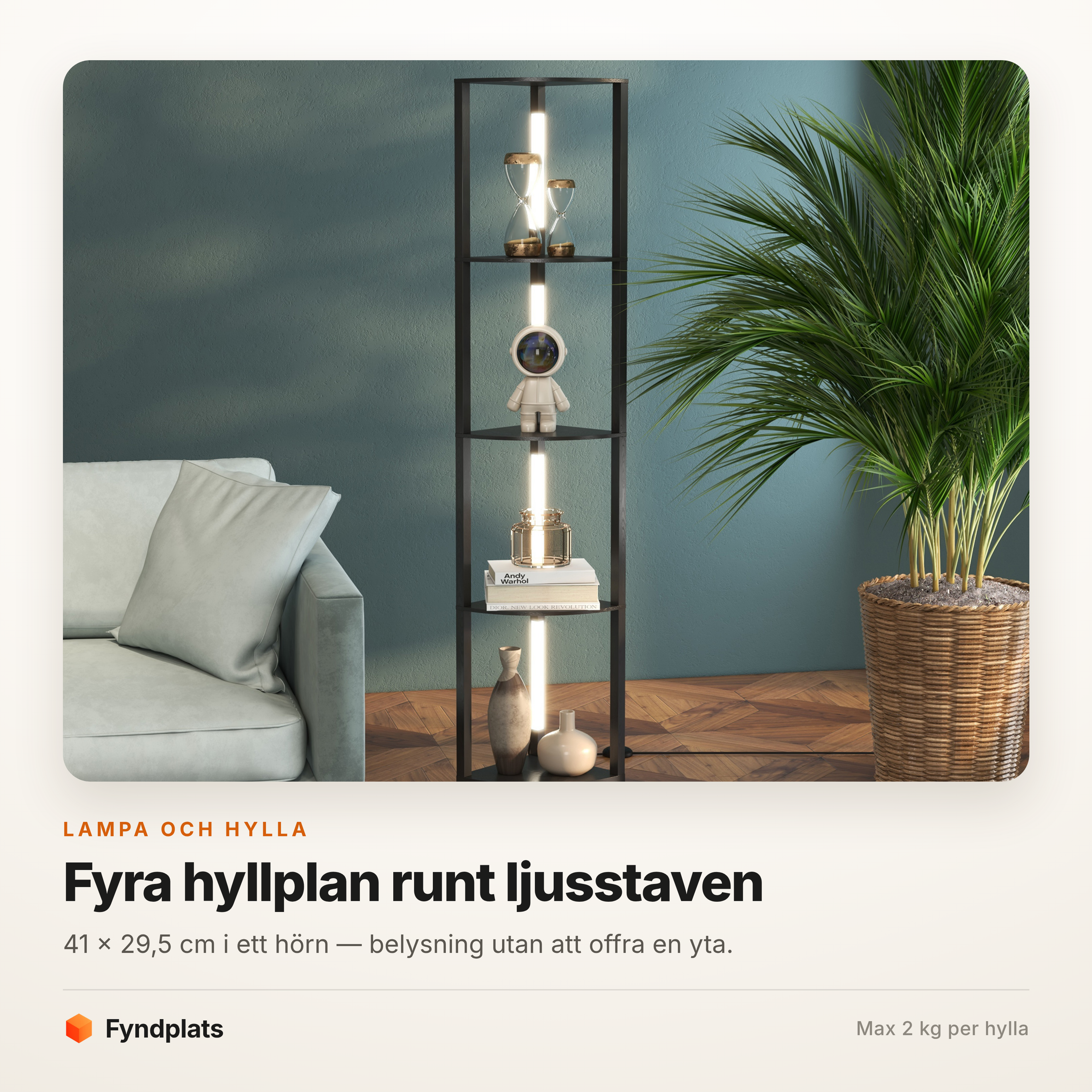 Golvlampa med hörnhylla 163,5 cm – fyra hyllplan och LED-stav – bild 2