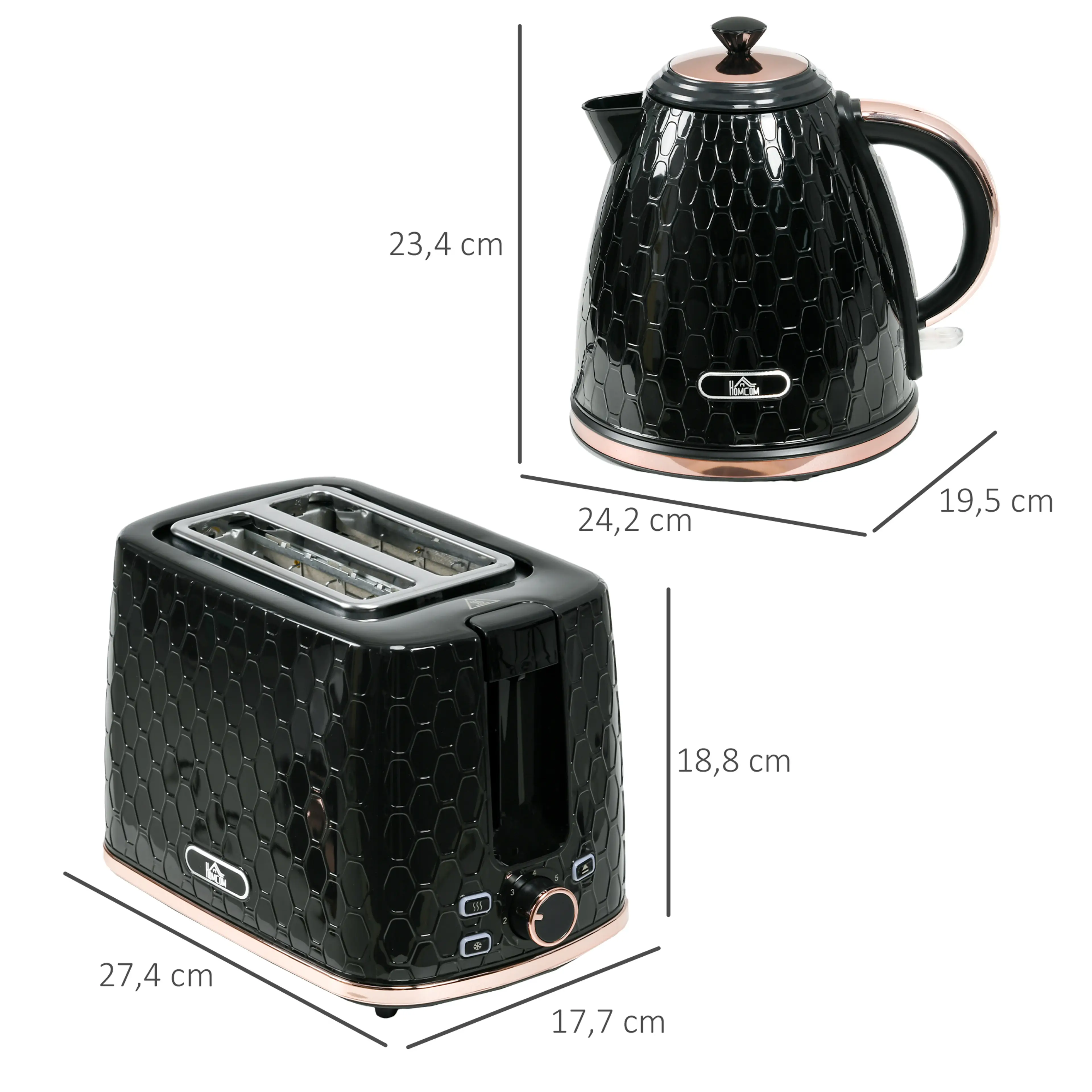 Måttskiss över setet: kokaren 24,2 × 19,5 × 23,4 cm och brödrosten 27,4 × 17,7 × 18,8 cm
