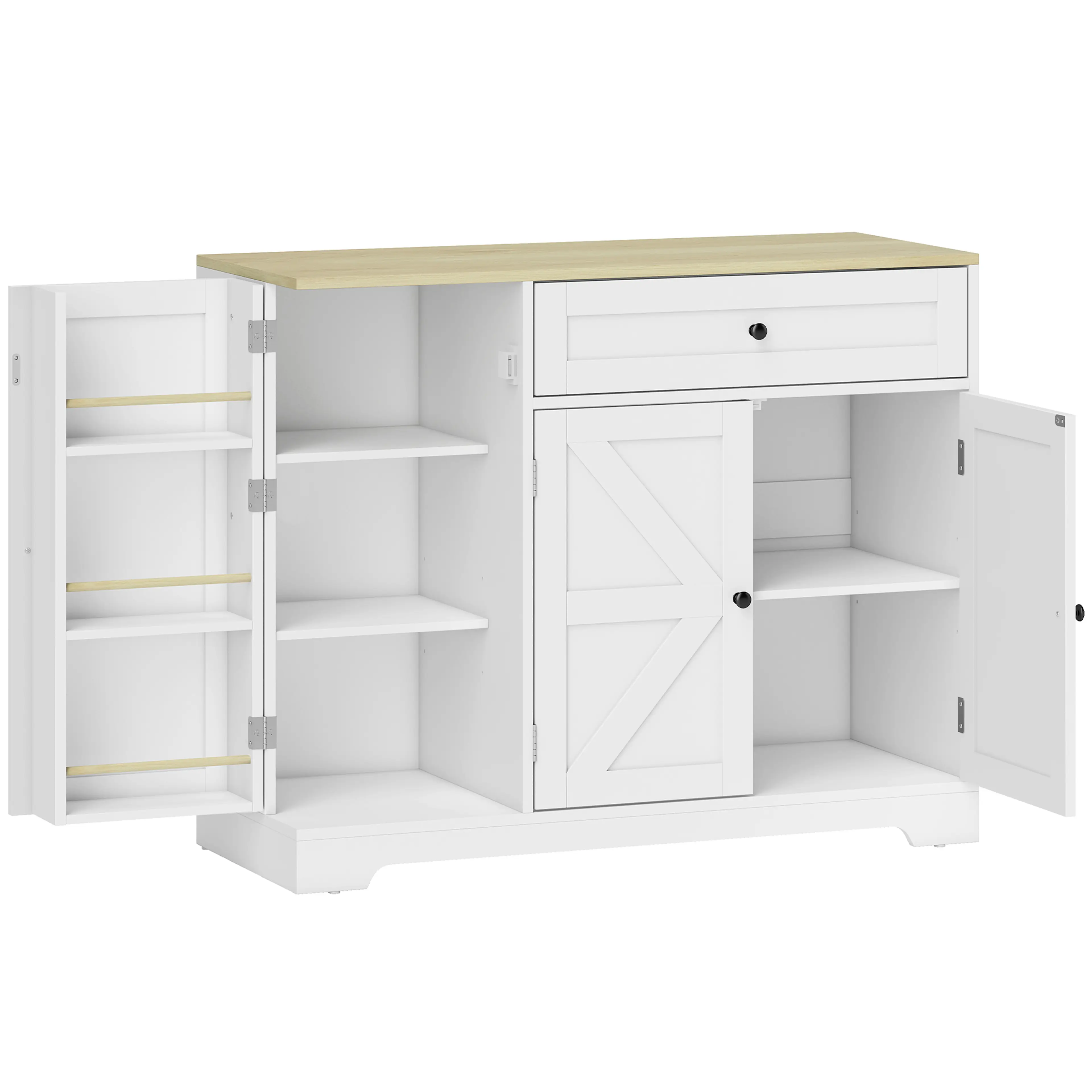 Vit sideboard i lantstil med skiva i träton, två dörrar öppna och kryddhylla i vänster dörr