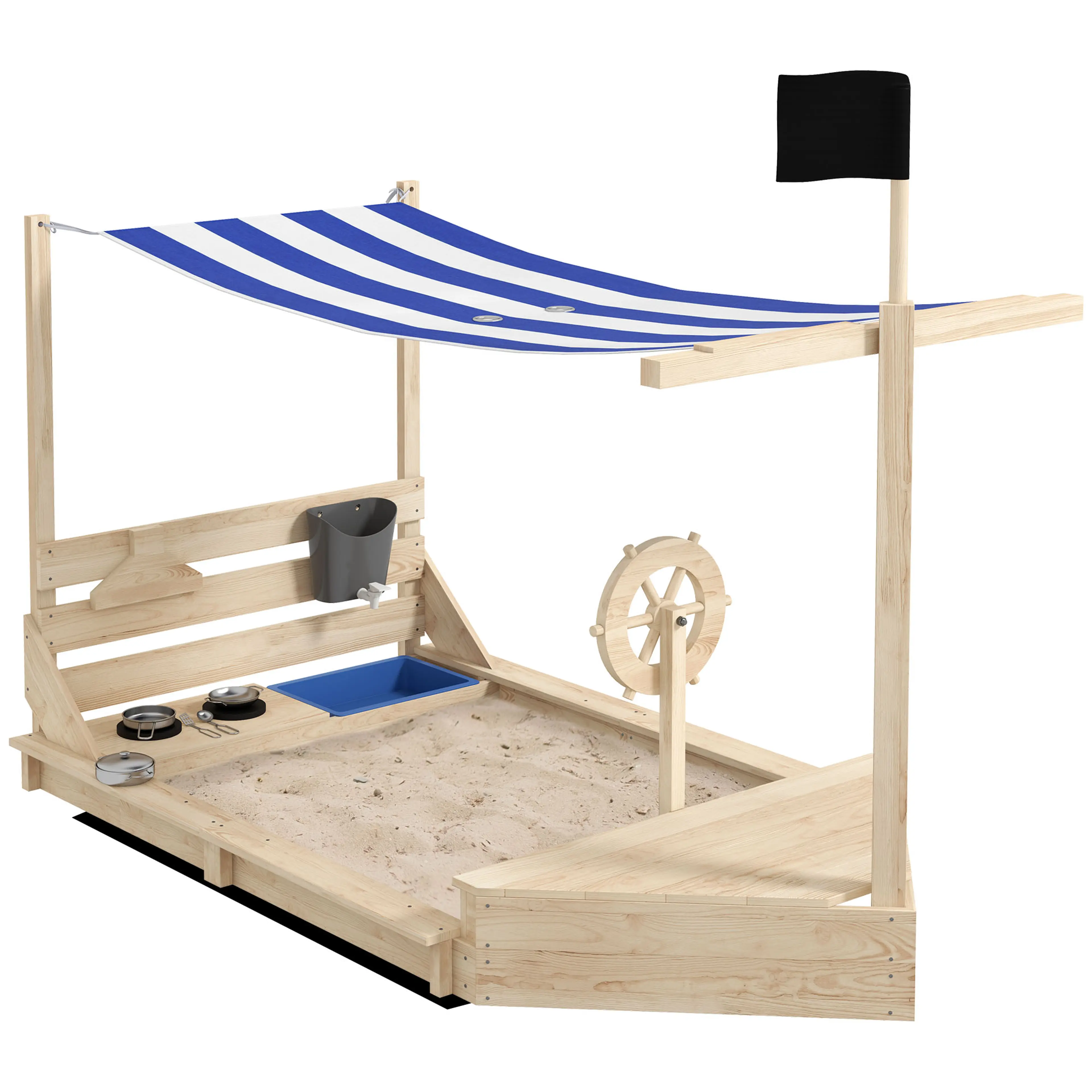 Sandlåda som piratskepp 180 × 103 cm – mast, segel och styrhjul
