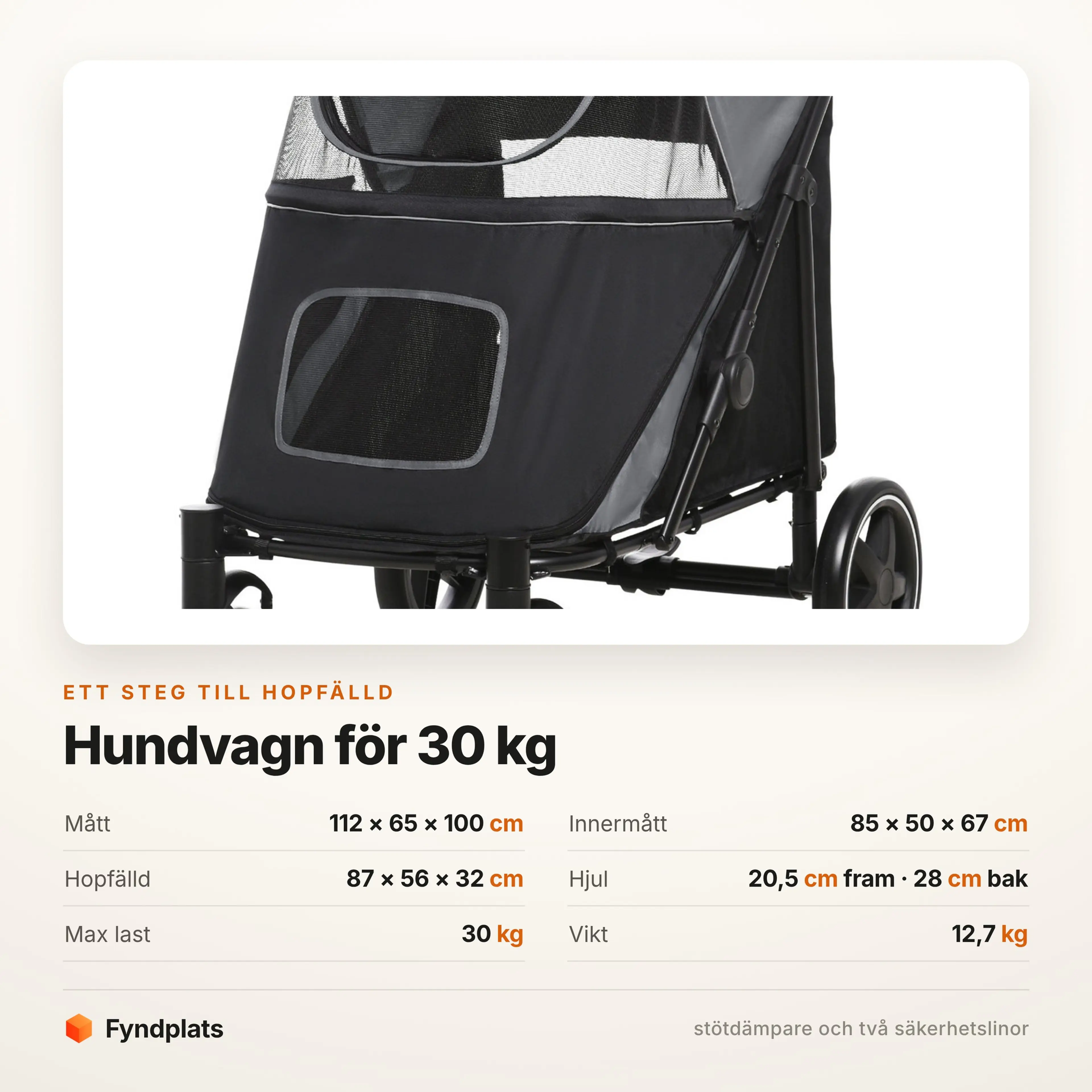 Faktakort: 112 x 65 x 100 cm, innermått 85 x 50 x 67 cm, max last 30 kg