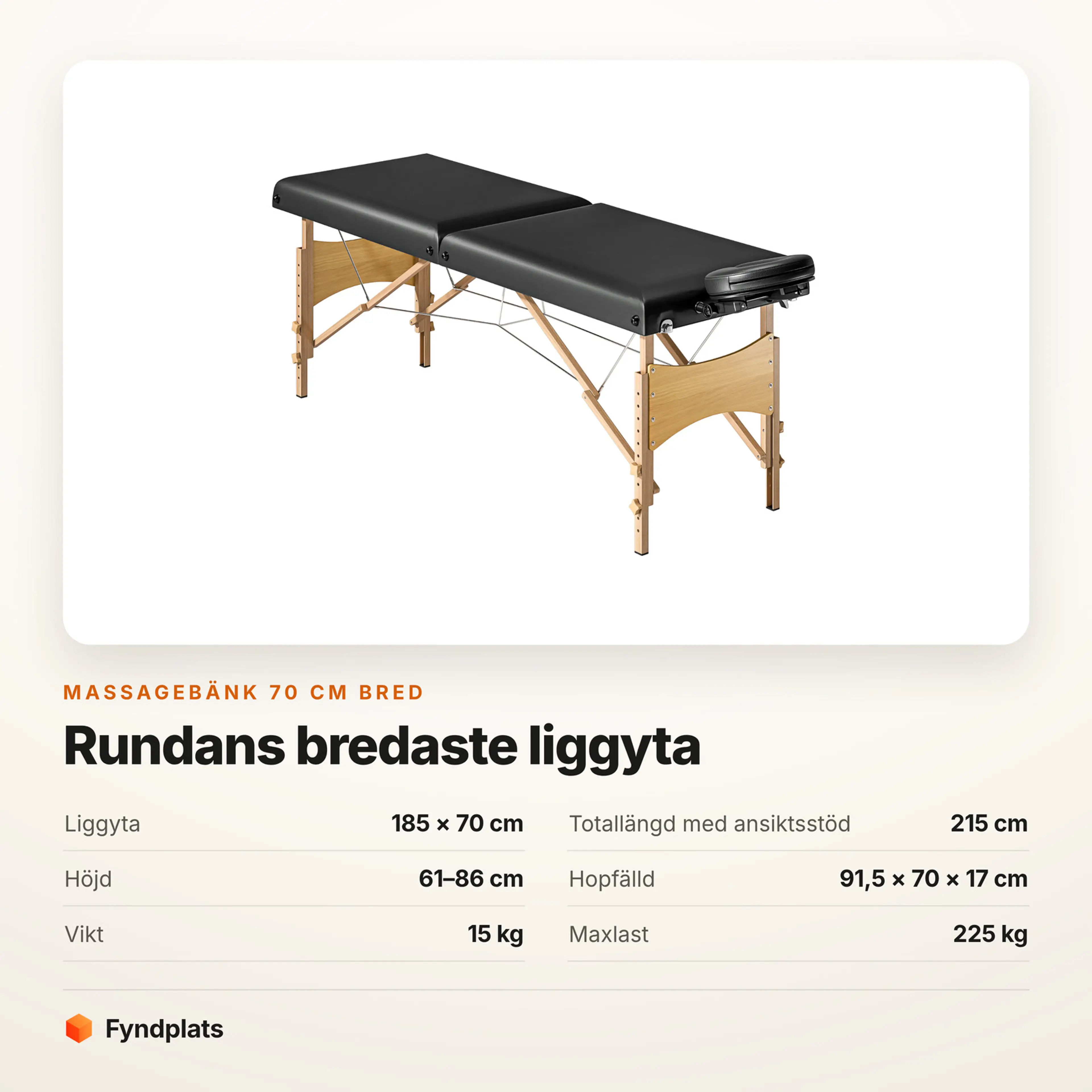 Faktakort: massagebänk 70 cm bred, liggyta, höjd och maxlast