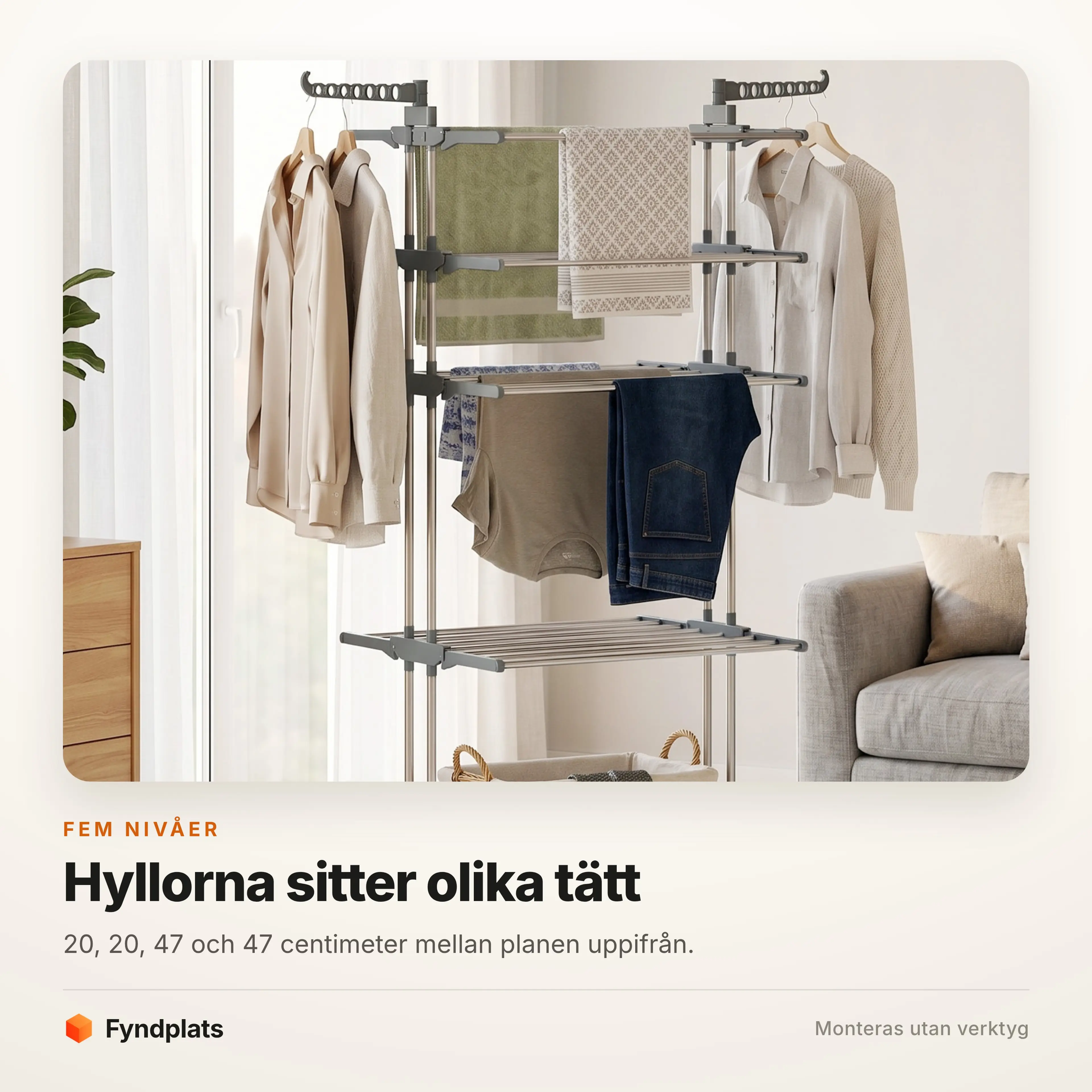 Hyllavstånd 20, 20, 47 och 47 centimeter uppifrån