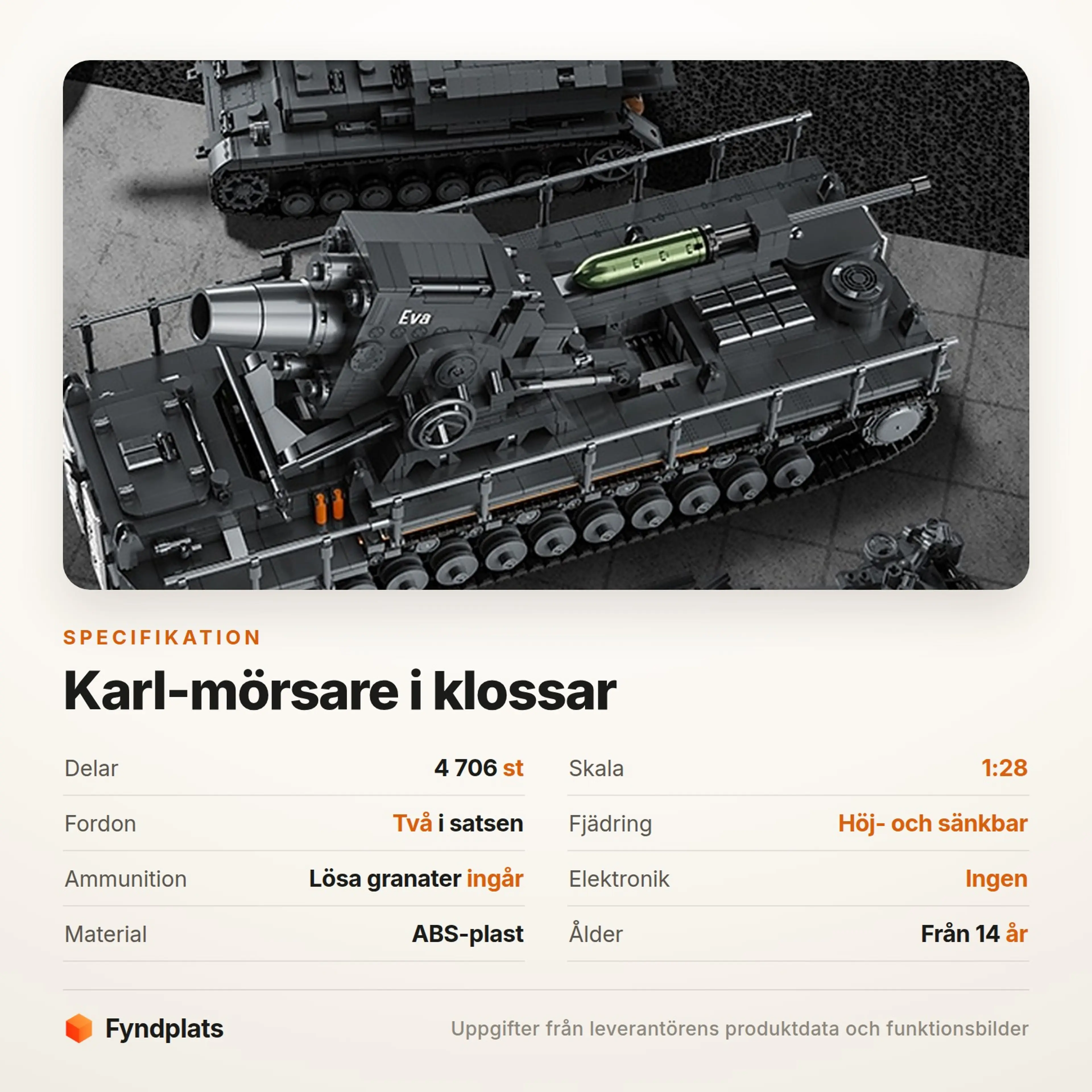 Fyndplats-kort med specifikationer: 4 706 delar, skala 1:28, två fordon och höj- och sänkbar fjädring