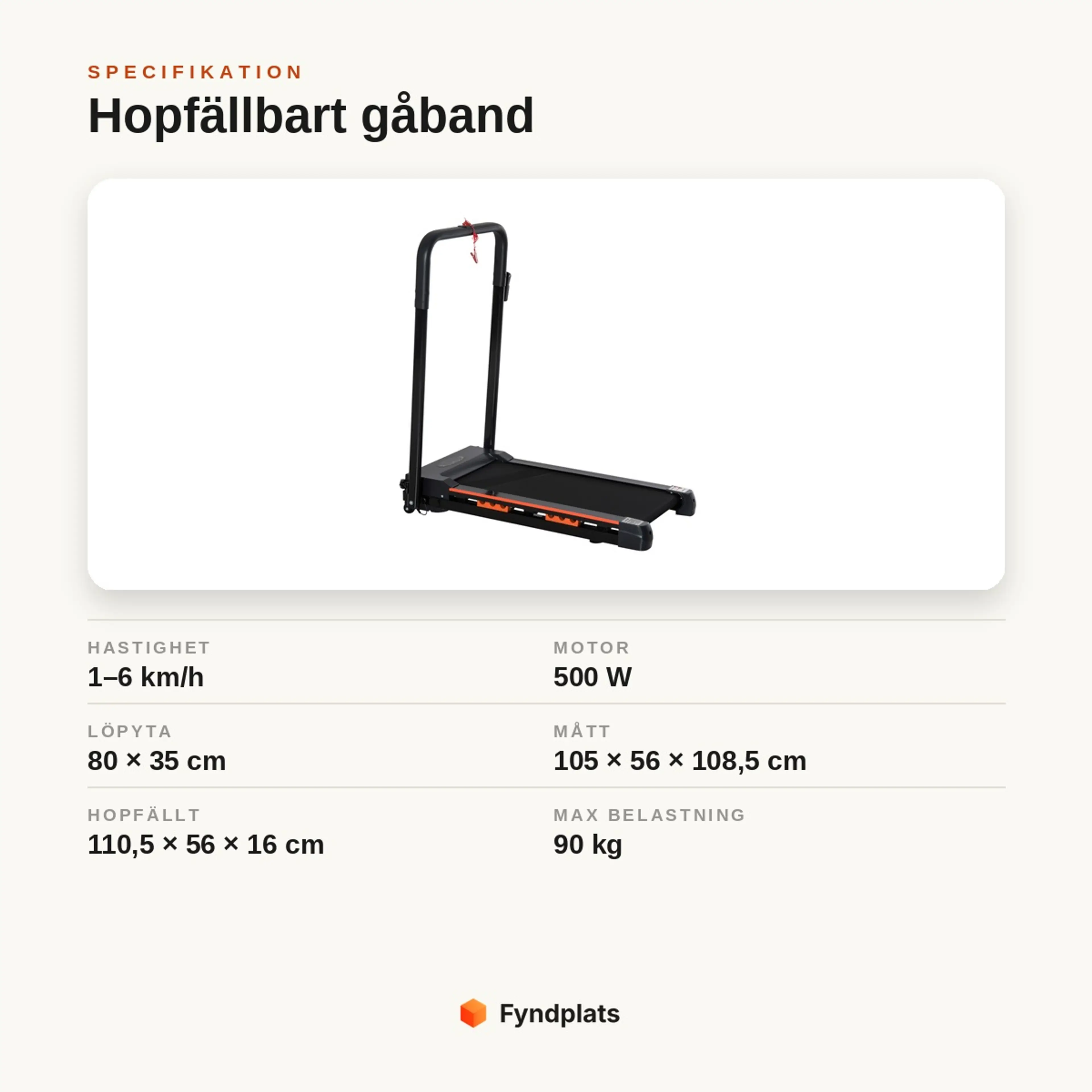 Specifikationskort: hopfällbart gåband 1–6 km/h, 500 W motor, löpyta 80 × 35 cm, max 90 kg