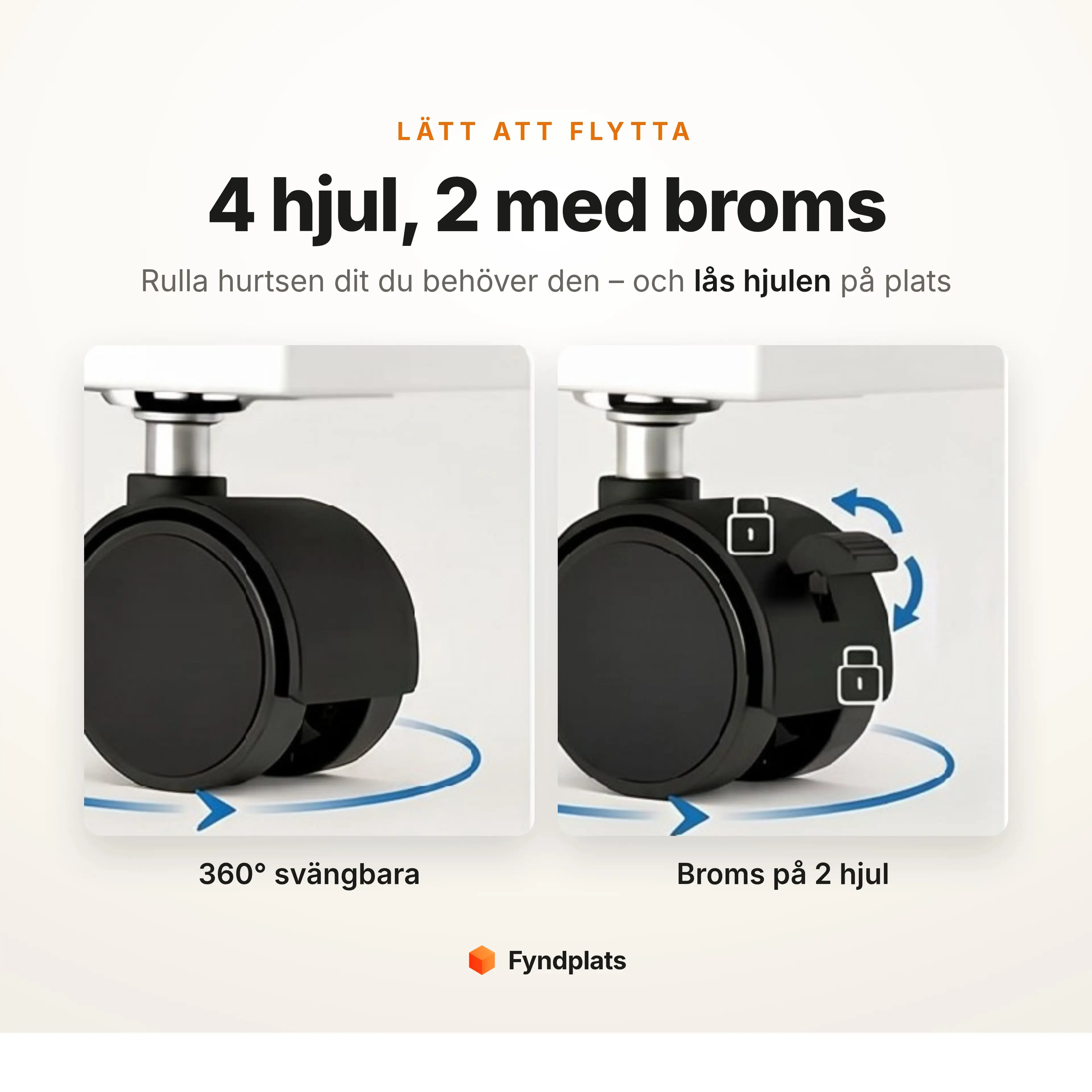 Närbild på hurtsens hjul: fyra svänghjul som roterar 360 grader och två med broms