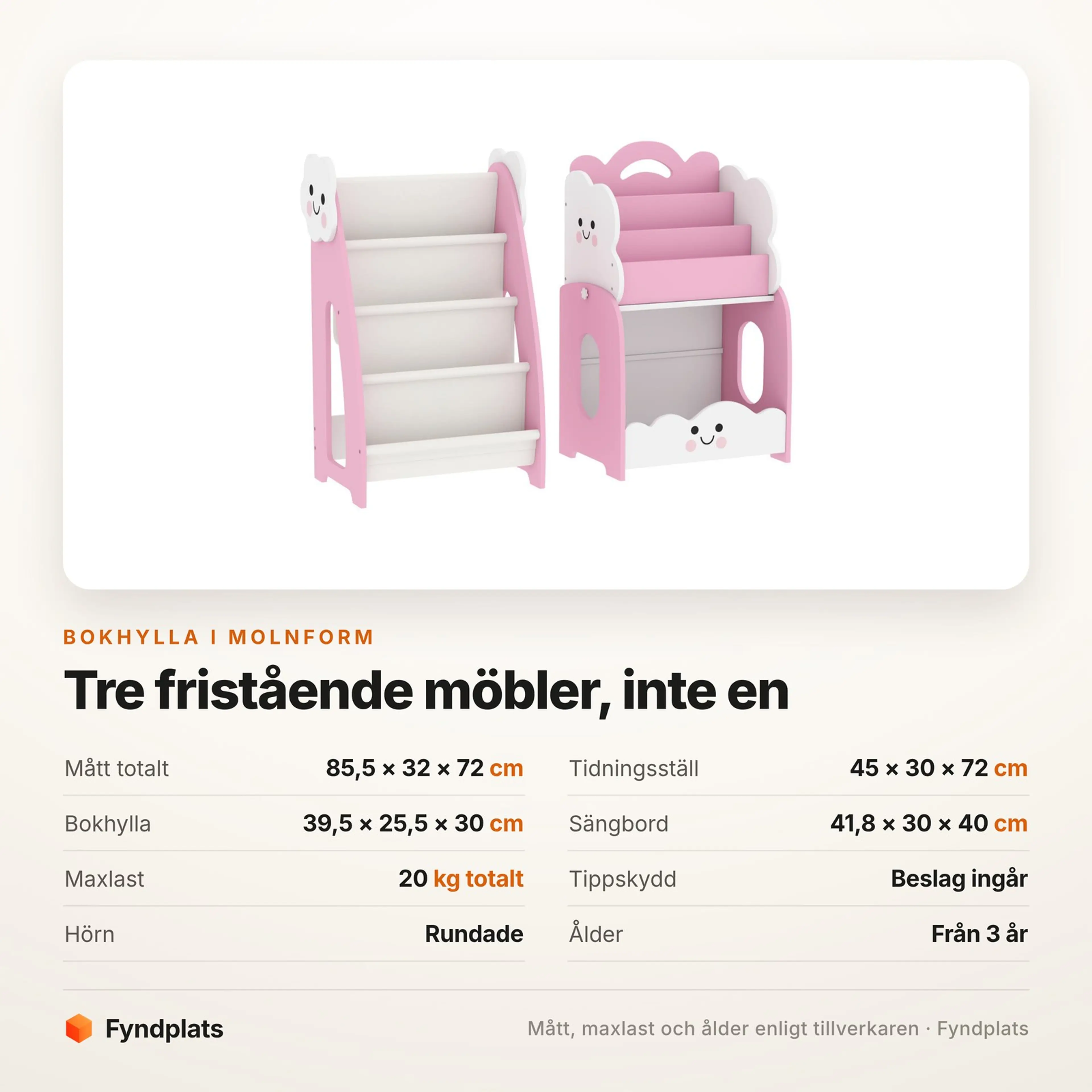 Spec-kort för bokhyllan i molnform: tre fristående delar och 20 kg maxlast
