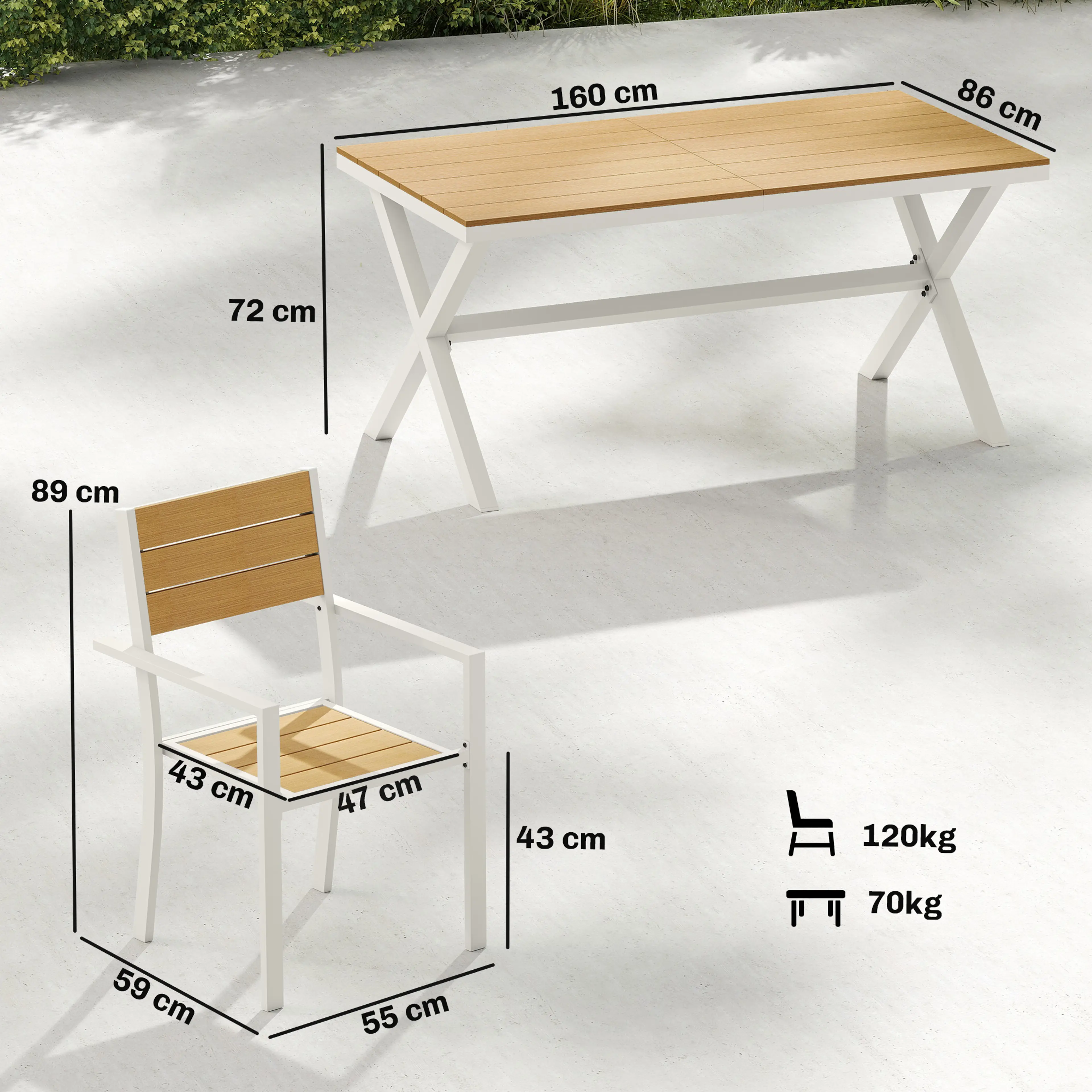 Måttritning: bord 160 × 86 × 72 cm och stol 55 × 59 × 89 cm