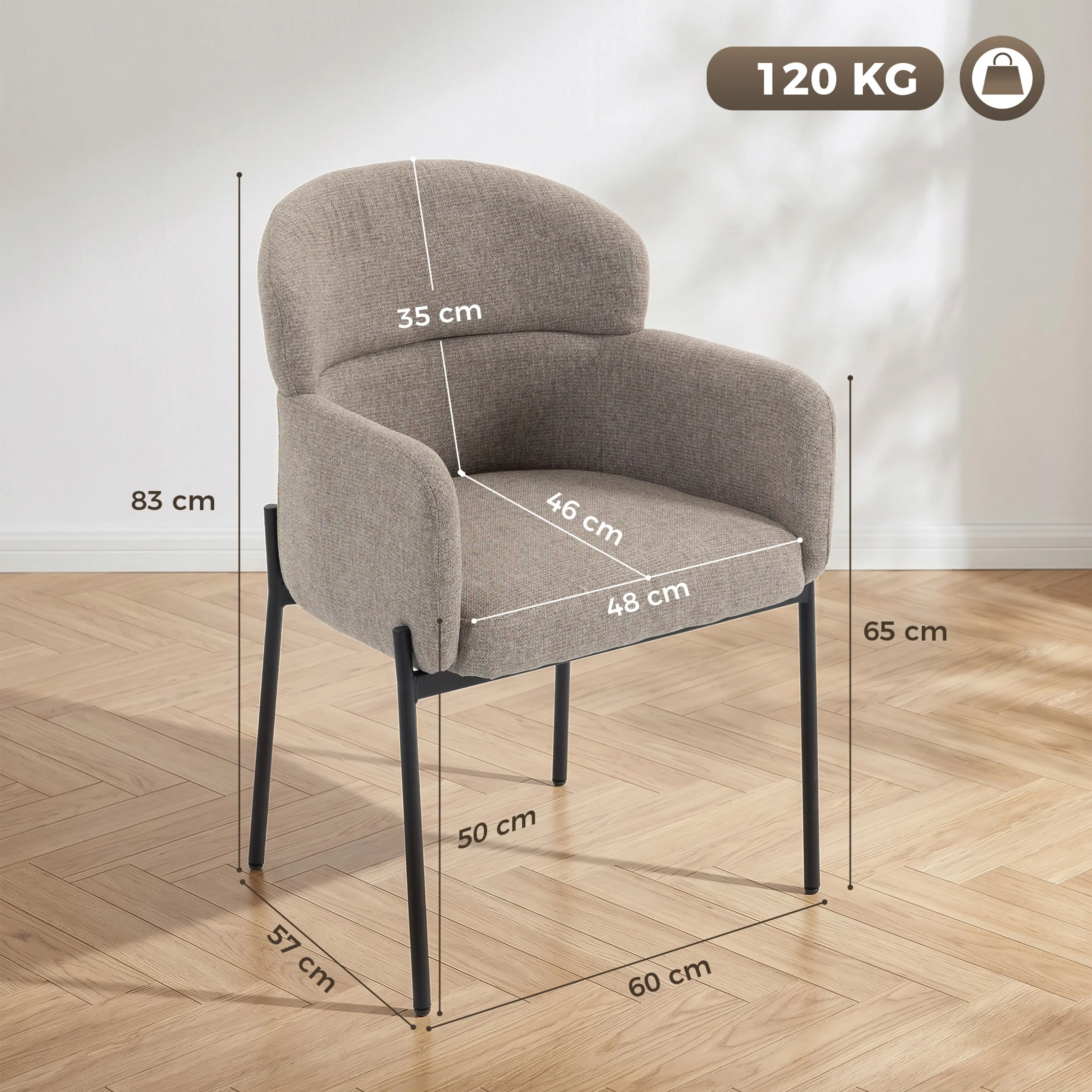Måttskiss: 60 × 57 × 83 cm, sitthöjd 50 cm, maxlast 120 kg
