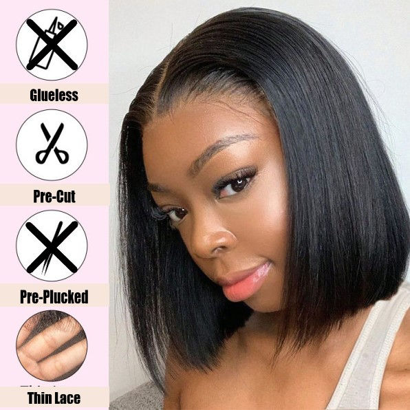 Thumbnail: Wear & Go Bob Wig, Short Straight Pre-Cut HD Lace Closure