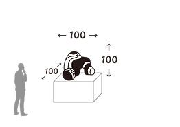 A comparison diagram of a 100cm square abstract sculpture placed on a display stand and a human figure.