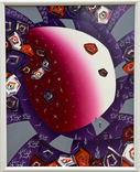 Abstract painting of a red sphere and eyeball pattern. The background is gray, with a purple and white gradient. Space Art TORAM