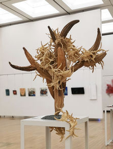 A wooden sculpture from the TORAM spatial art exhibition. Brown branches and an unusually shaped plant. It is placed on a white table.