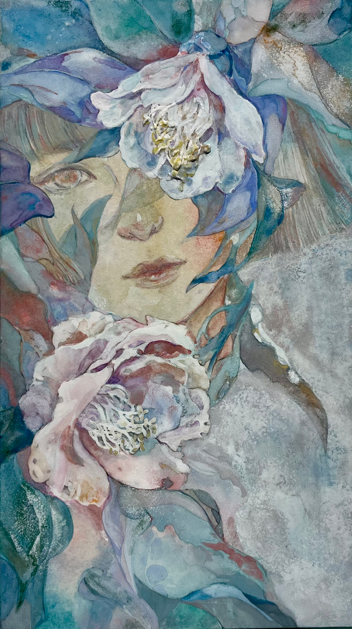 花と女性の肖像画 イワイヨシコ、優しい色合いの絵画、繊細な花と女性の顔