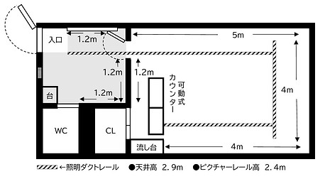 Gallery floor plan. Entrance, toilet, sink, movable counter, ceiling height 2.9m.