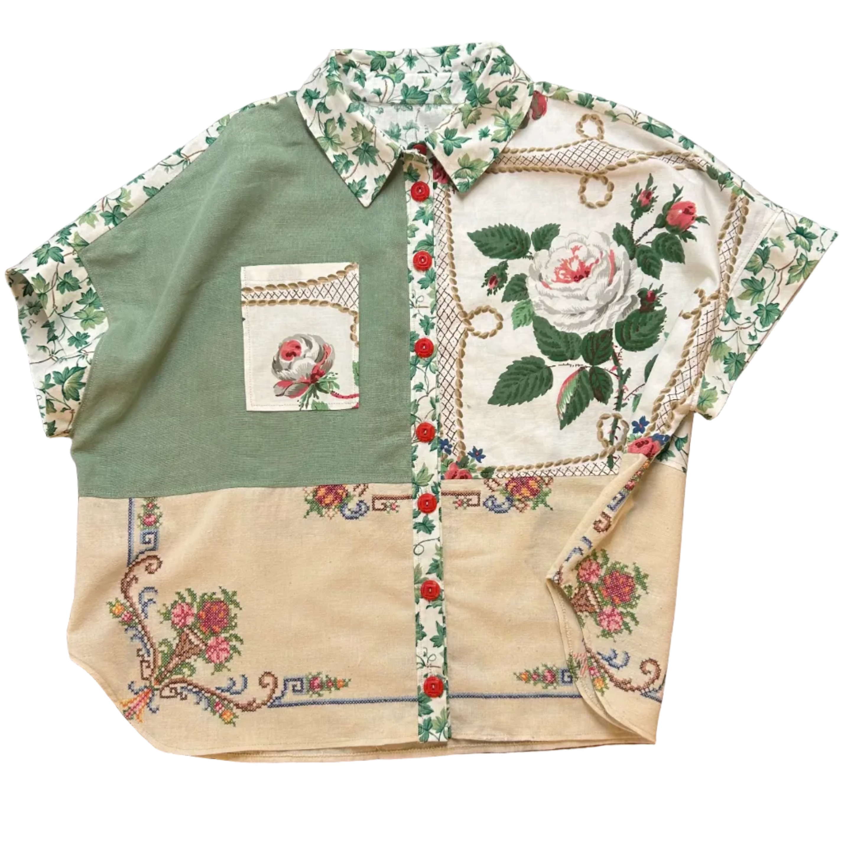 One-of-a-kind Handmade Green Leaves Women's Top made with Reclaimed materials