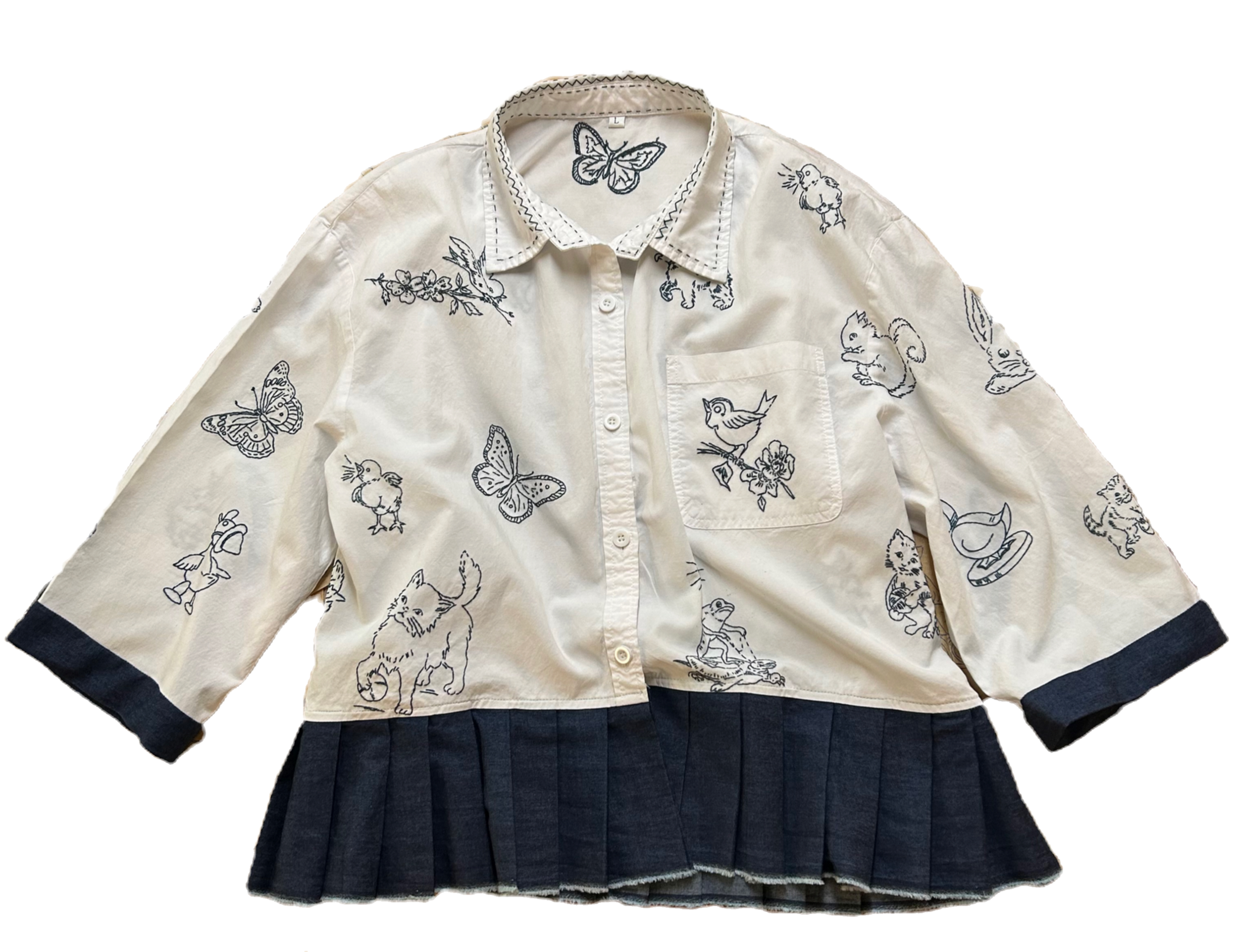 One-of-a-kind Hand-Embroidered Cotton Button-down Women's Top