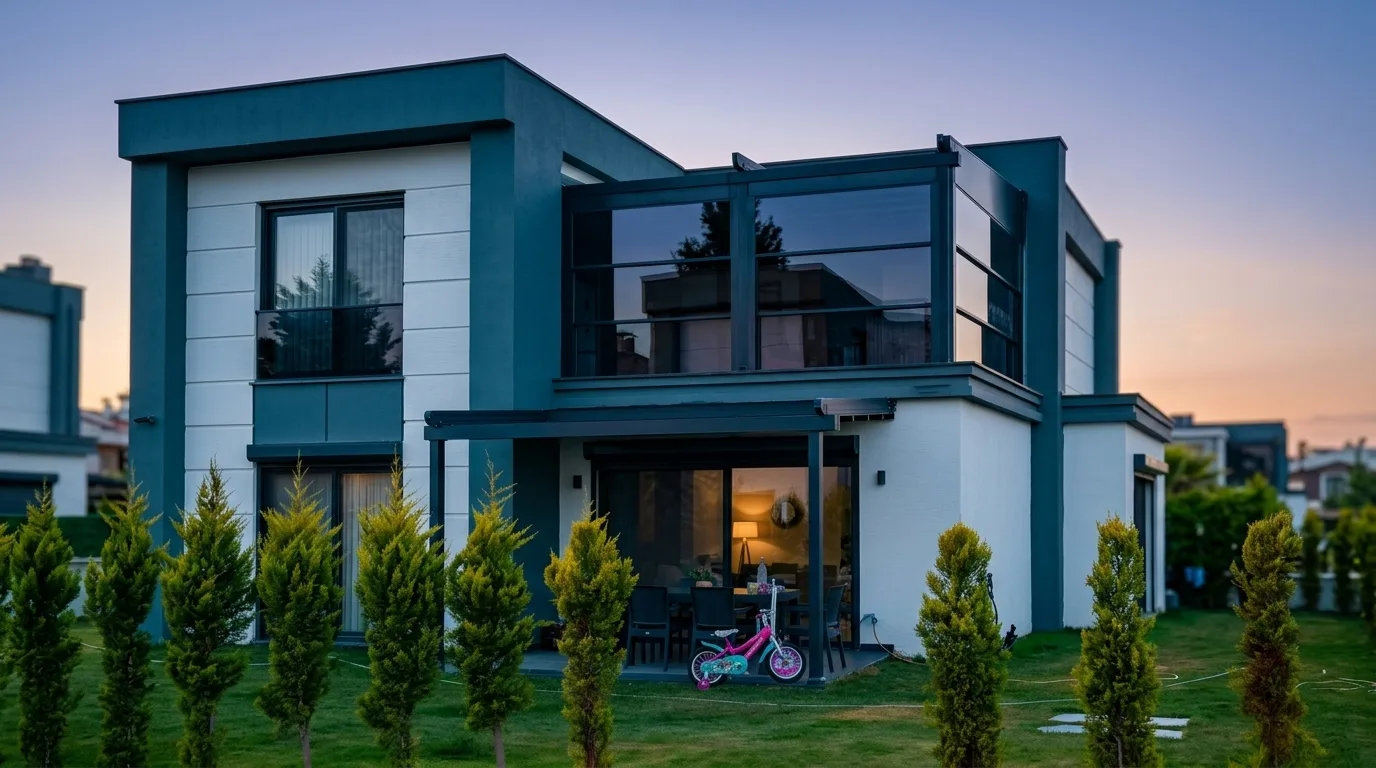 Pergola tente altında giyotin cam sistemi uygulaması, proje görünümü 2