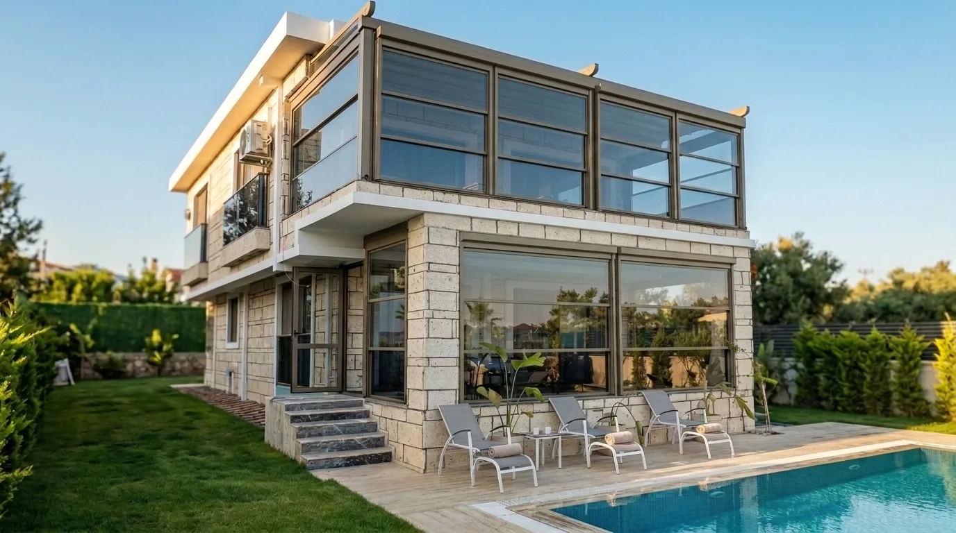Pergola tente altında giyotin cam sistemi uygulaması