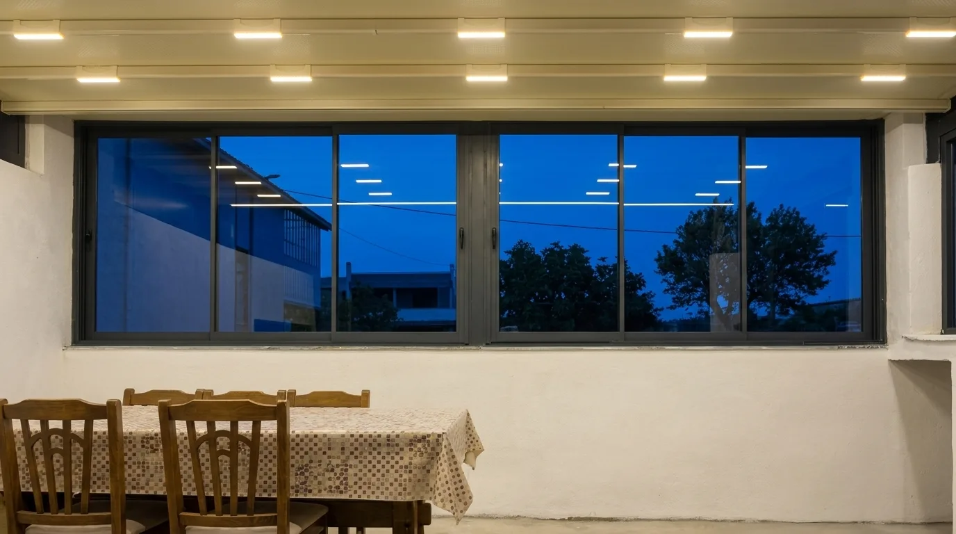 Pergola tente altında sürme cam sistemi uygulaması, proje görünümü 5