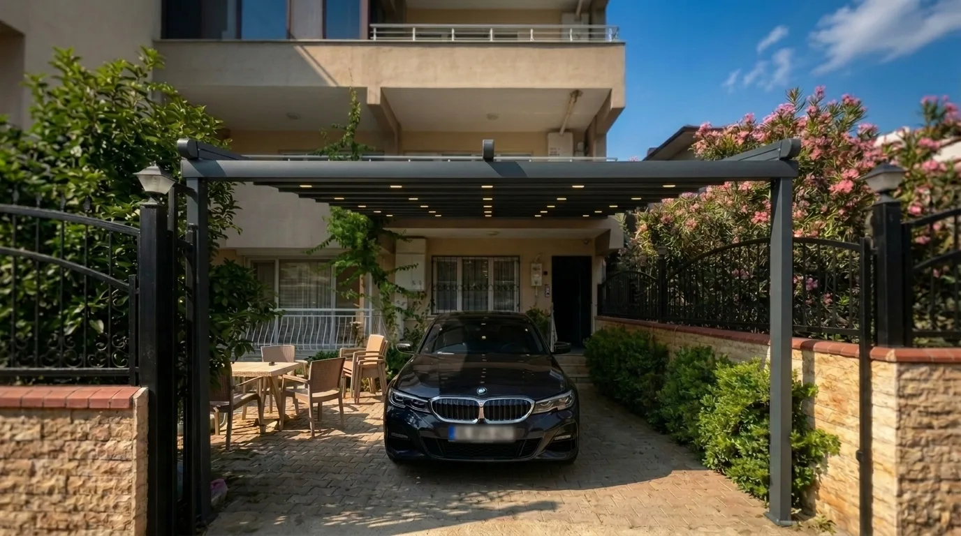 Araç park alanında pergola tente uygulaması, proje görünümü 5