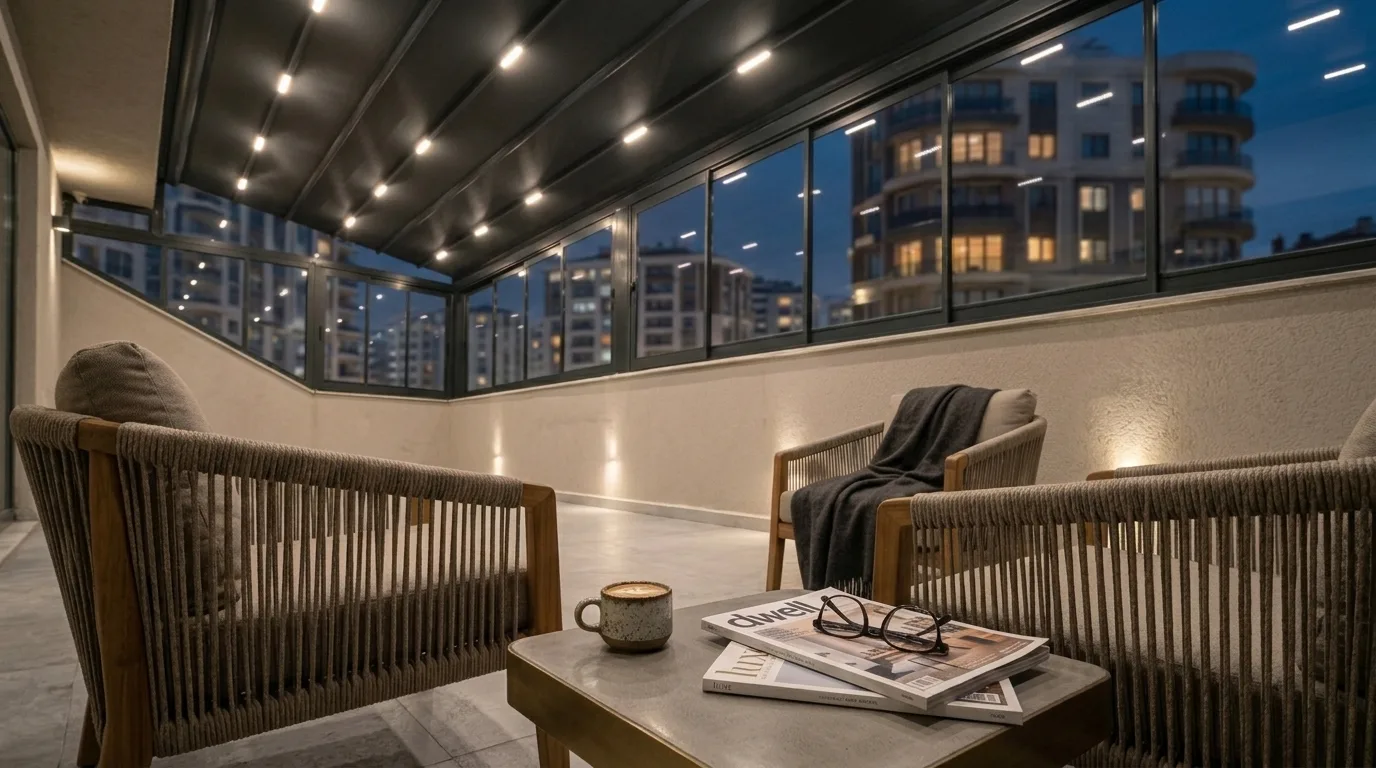 Pergola tente altında sürme cam sistemi uygulaması, proje görünümü 20