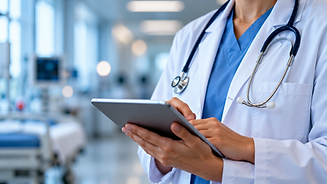 Doctor Using Tablet in Hospital Corridor.png