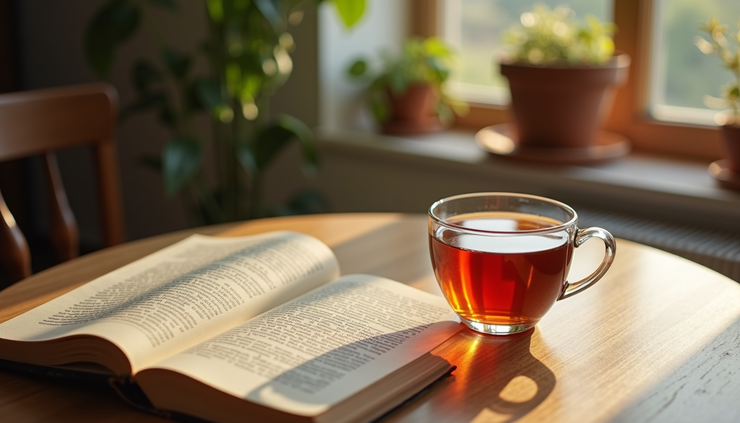 Eye-level view of a cozy corner with a cup of herbal tea and a book on a wooden table