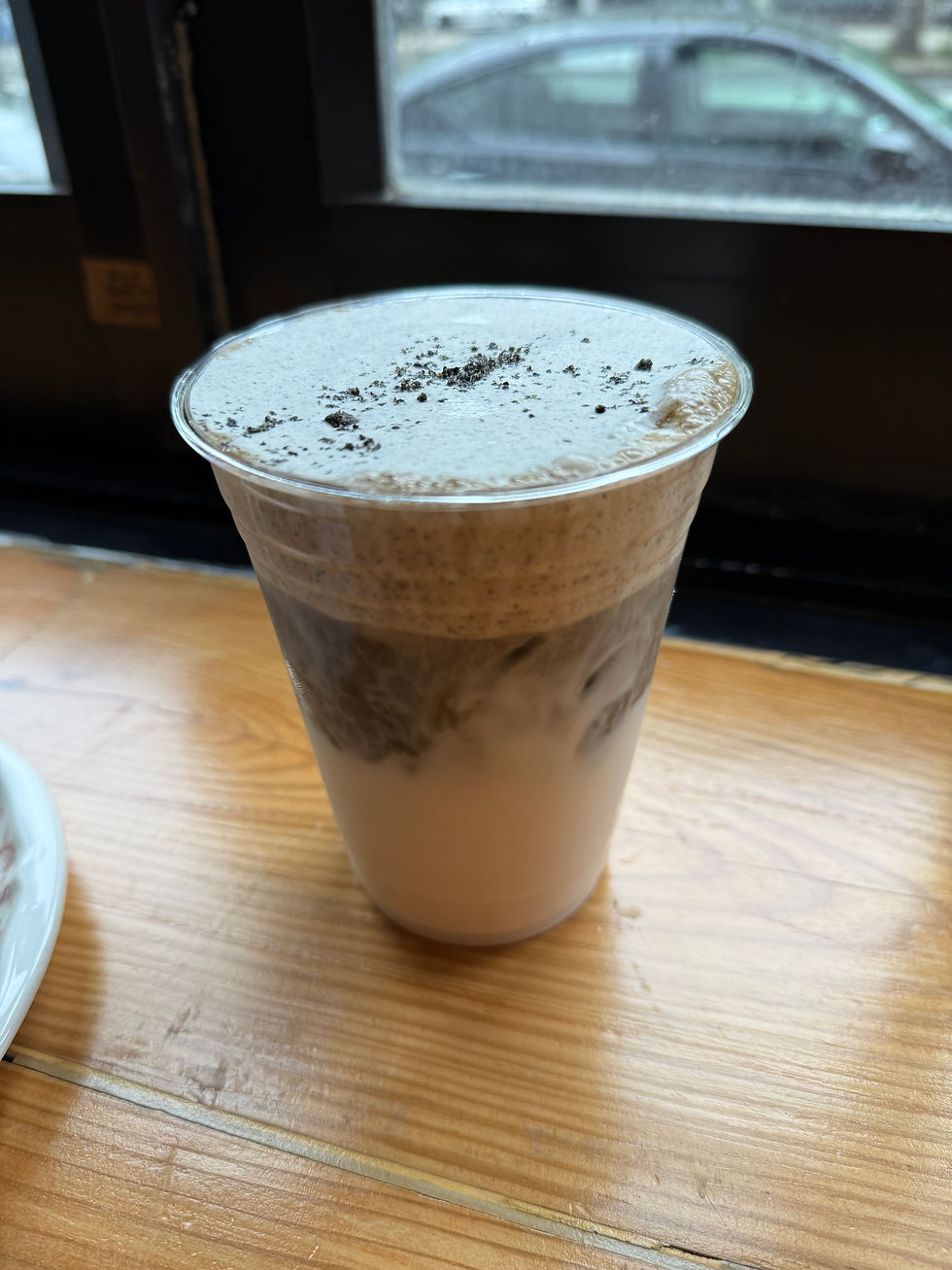 Black sesame hojicha latte, Dialogue Flowers and Coffee