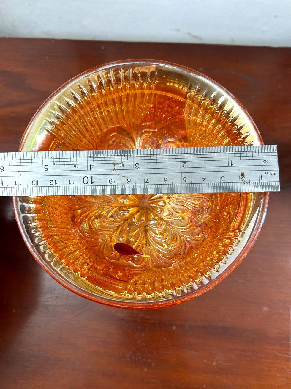 Thumbnail: Stunning Amber coloured carnival glass bowl on stem