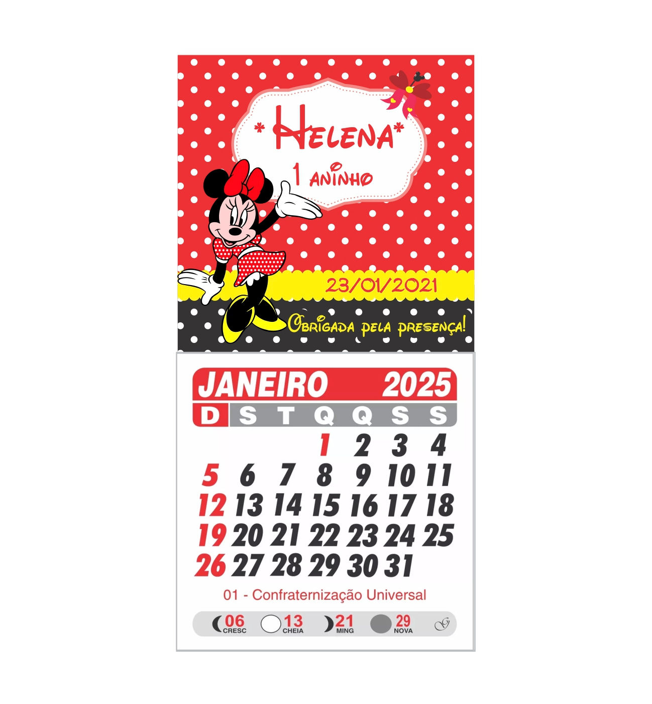 10 Calendarios com ima de geladeira personalizado - Minnie vermelha