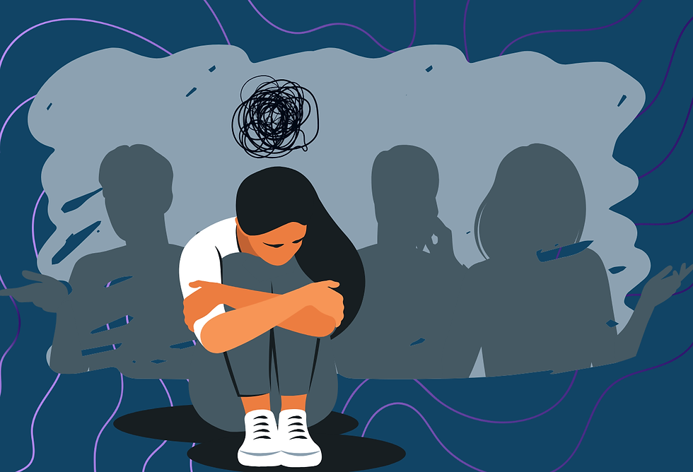 A woman sitting alone with her knees to her chest, surrounded by shadowy figures and tangled thoughts, illustrating social anxiety and fear of judgment.