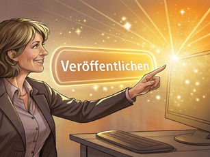 Frau in den 50ern stellt erfolgreich ihre Webseite online - klickt auf leuchtenden Veröffentlichen-Button am Computer