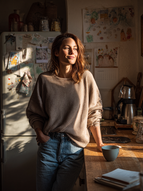 Frau mit Kaffee in Küche genießt achtsamen Moment – Friedensfrauen Dachregion unterstützen Mütter bei innerem Frieden und Selbstfürsorge