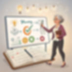 Eine Frau (50+) steht vor einer großen Tafel oder einem Whiteboard, auf dem ein Pfad mit mehreren Meilensteinen der Webseiten-Erstellung skizziert ist. Der erste Meilenstein "Planung" ist mit einem großen, bunten Häkchen versehen. Die Frau lächelt zuversichtlich und zeigt mit einem Stift auf den nächsten Schritt. Neben ihr liegt ein offenes Notizbuch mit Skizzen und Notizen. Die Szene ist motivierend, klar und freundlich, mit einem leichten Touch von Abenteuer (z.B. kleine, leuchtende Symbole entlang des Pfads).