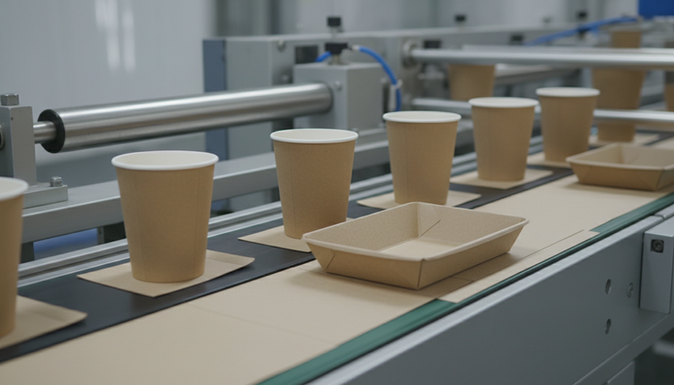 Wide-angle view of coated paper cups and food trays on a clean production line