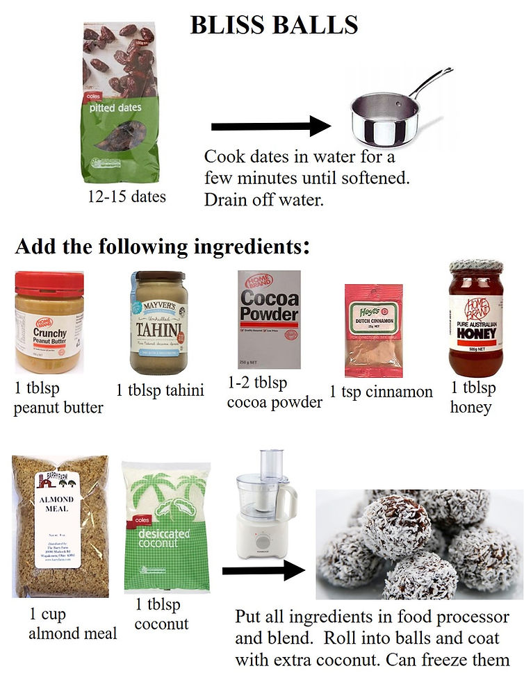 Truffles containing almond meal, peanut butter, tahini, dates, cinnamon, honey, cocoa.