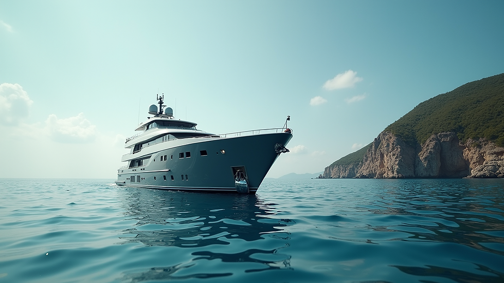 Eye-level view of a luxurious private yacht anchored in a serene bay