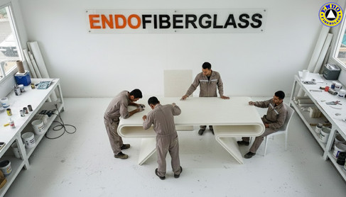proses produksi meja kursi fiberglass di workshop Endofiberglass