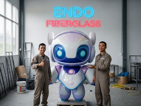 Patung robot fiberglass bergaya futuristik dengan desain panel mekanis dan warna neon