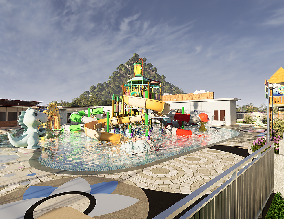 desain 3D waterpark Kendari dinosaurus futuristik