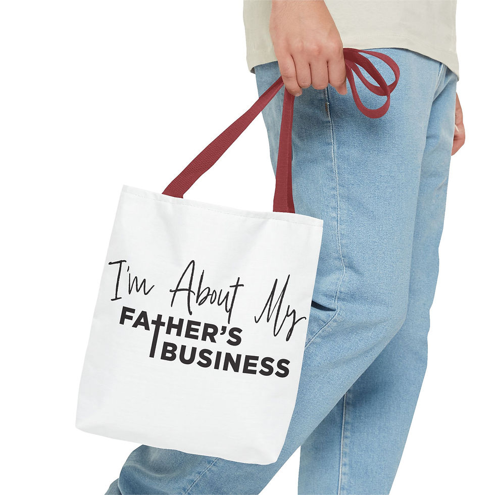 Thumbnail: About My Father's Business (black) Tote Bag (AOP)