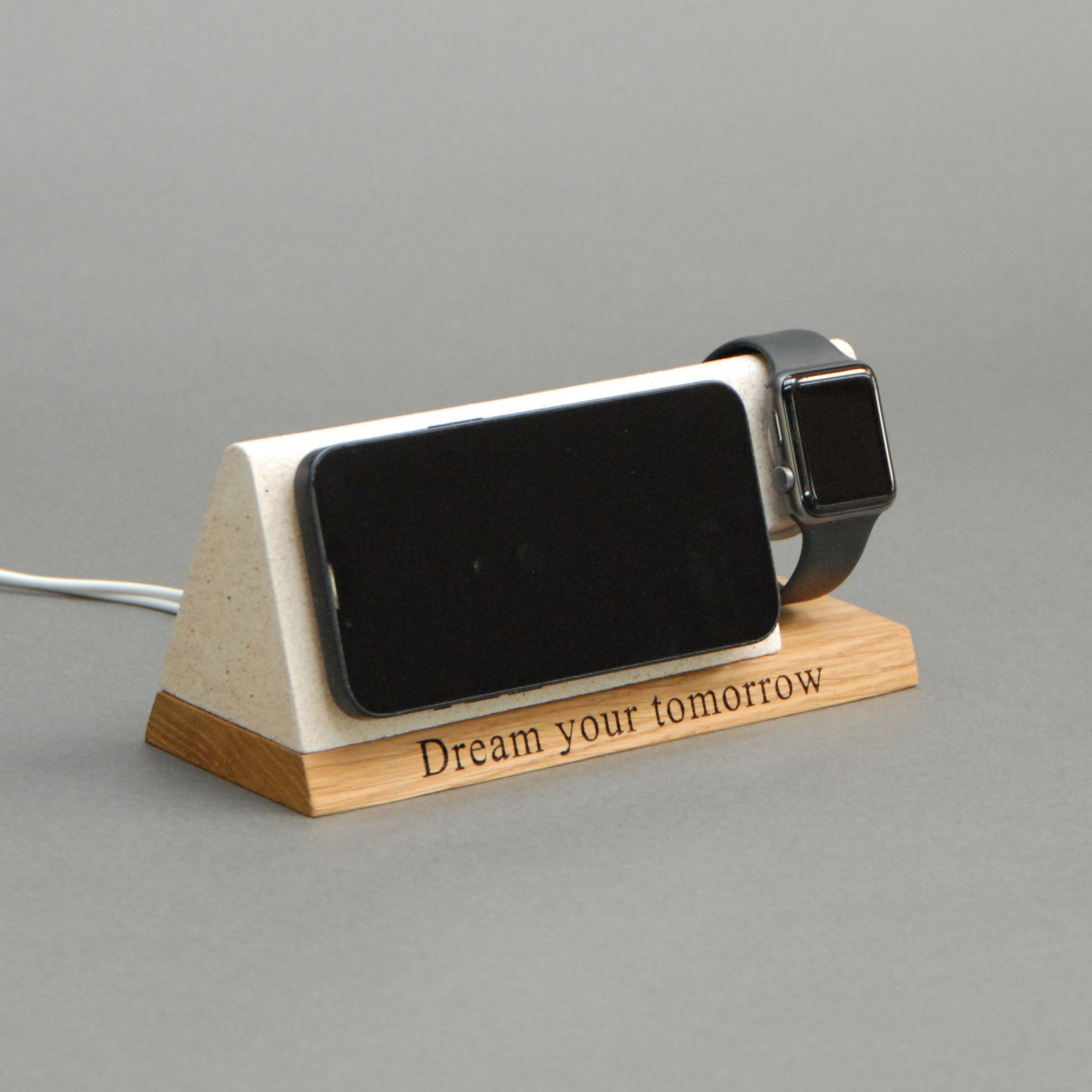 IPhone & Apple Watch Magnetic Charger Dock Stand, Natural Stone & Oak