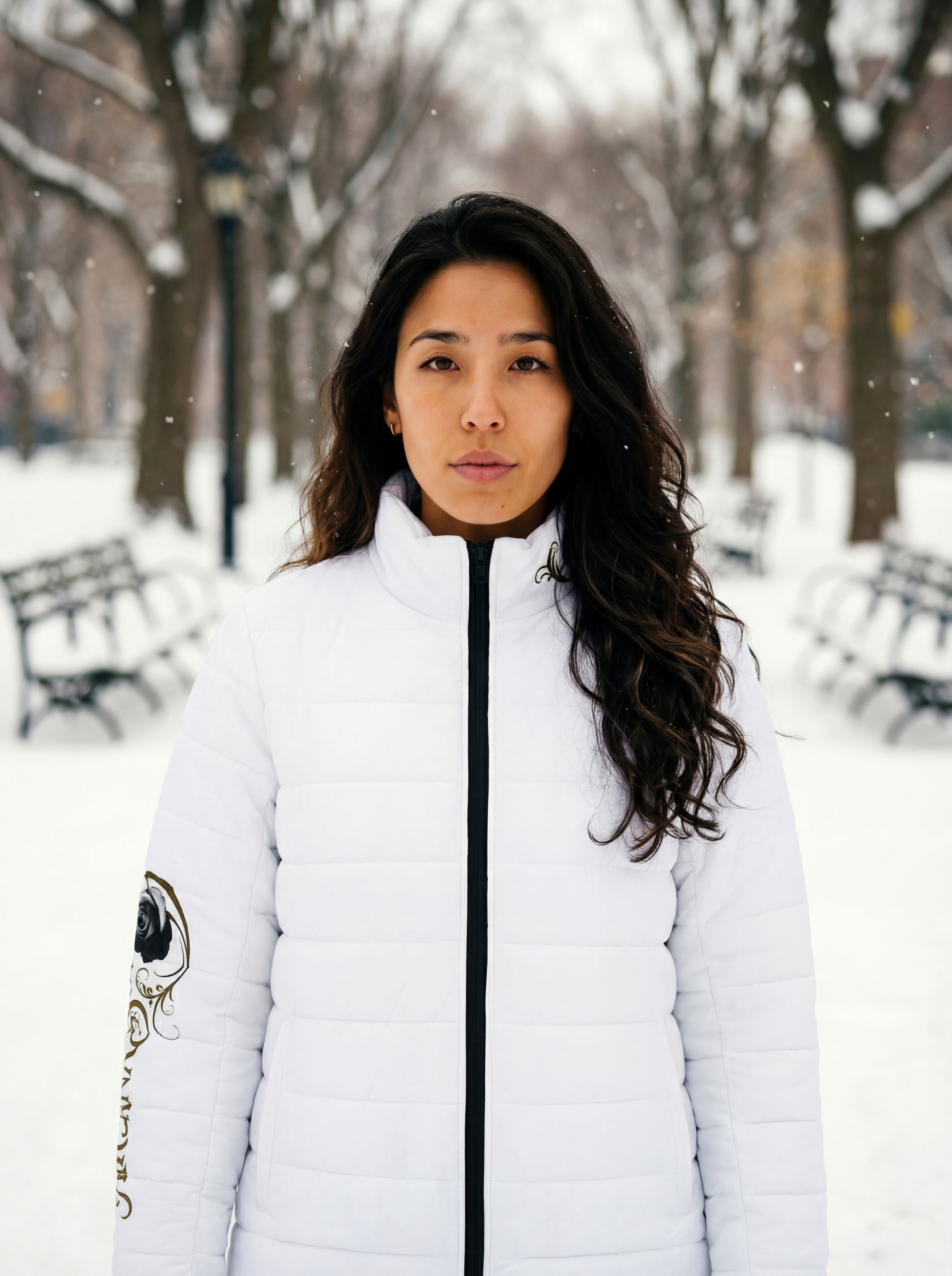 Women's White Puffer Jacket — Arcana Sophia Logo