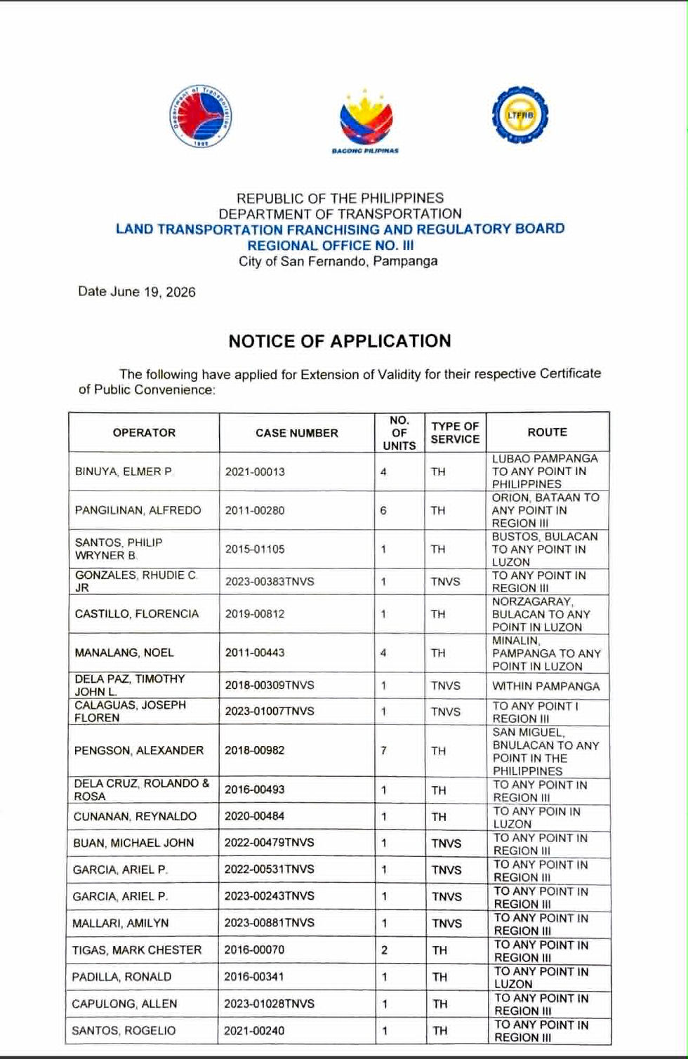 NOTICE OF APPLICATION