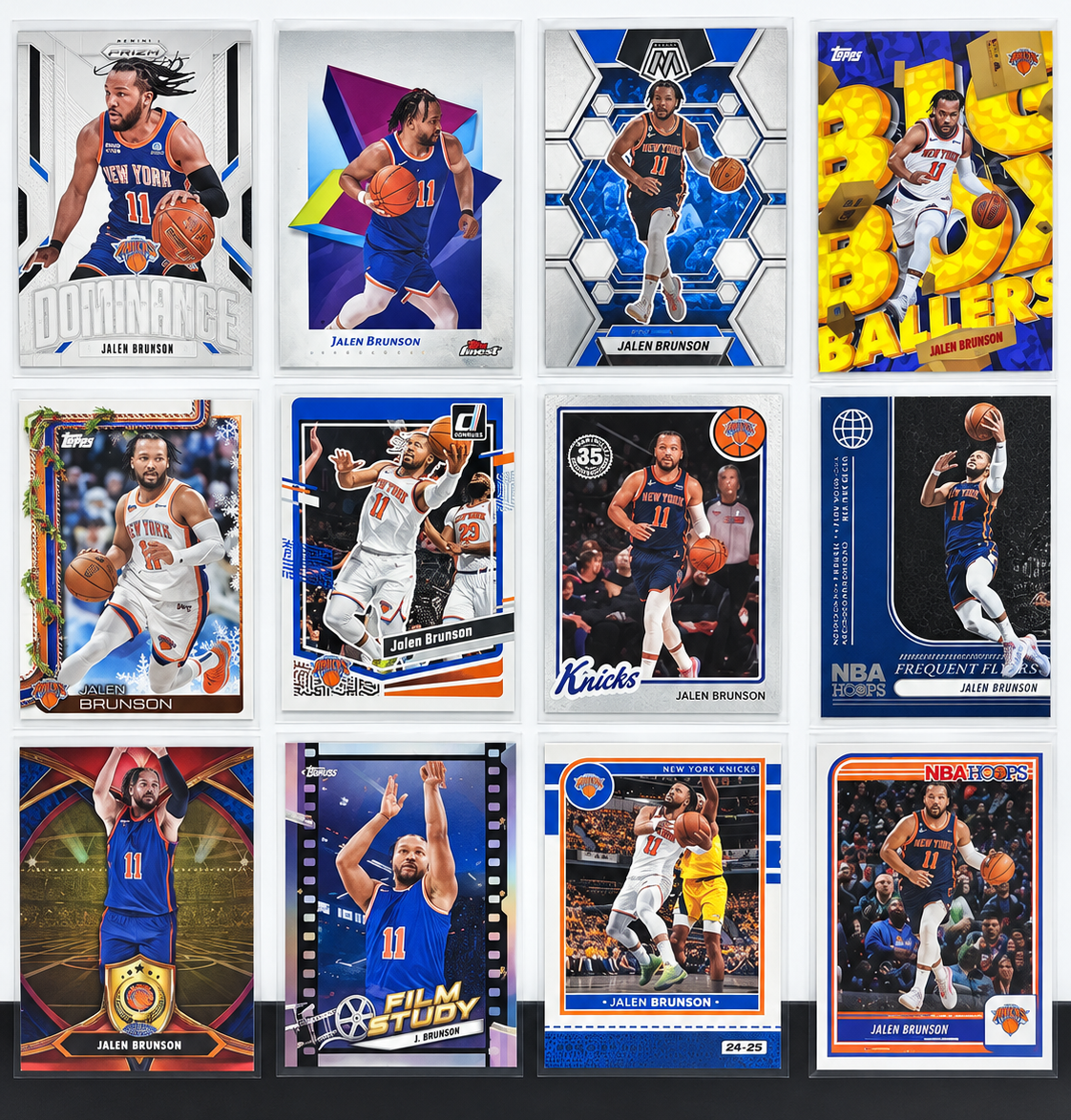 Jalen Brunson basketball card lot featuring Knicks cards from Topps, Mosaic, Donruss and NBA Hoops